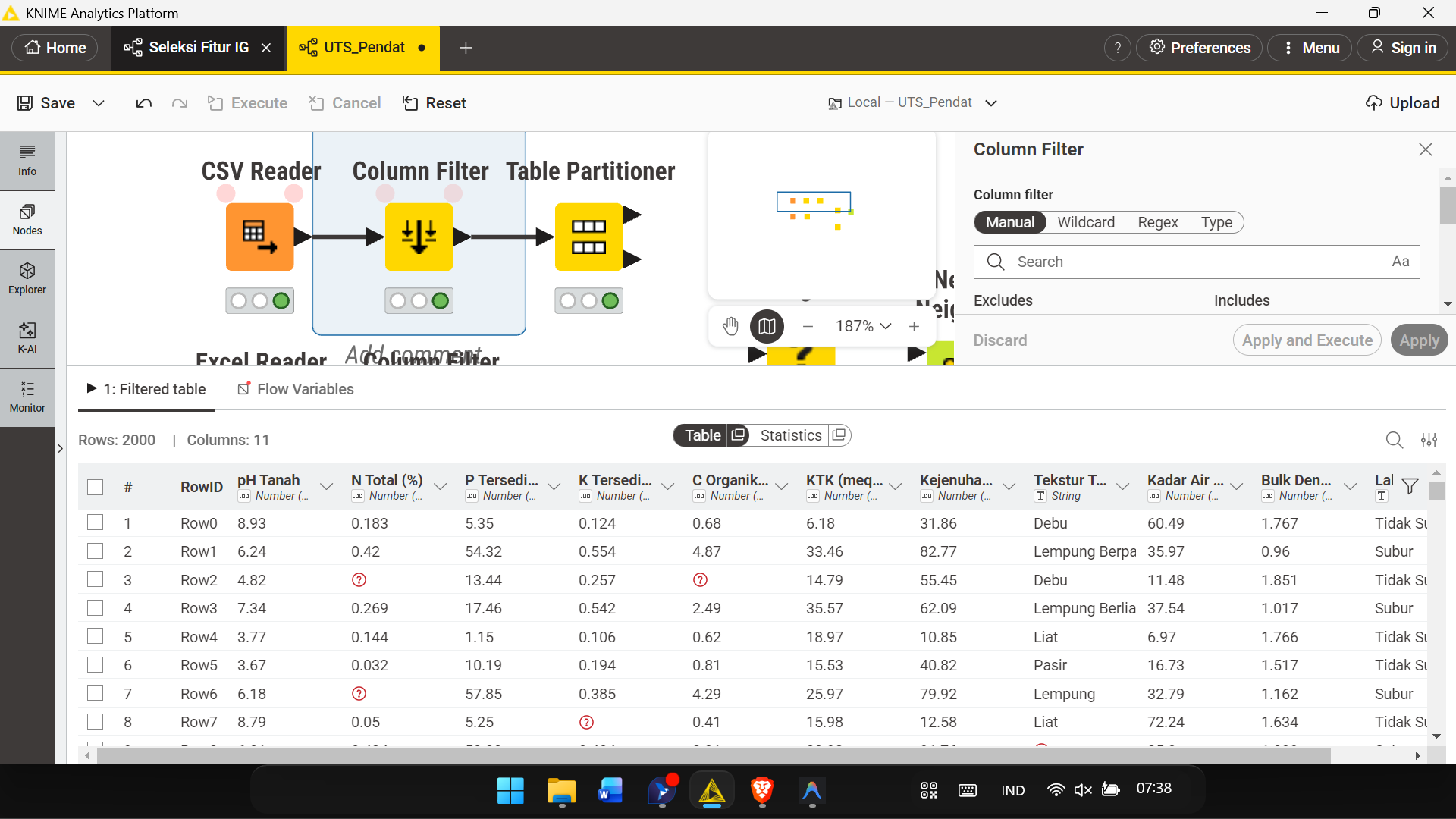 Konfigurasi node Column Filter, kolom ID sudah dipindah ke panel Excludes