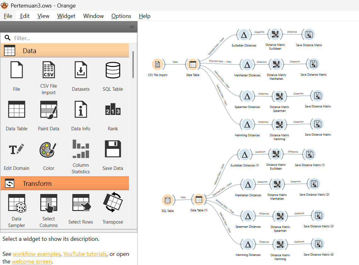 Workflow pengukuran jarak Iris di Orange