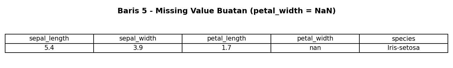 Baris 5 dengan missing value buatan pada petal_width